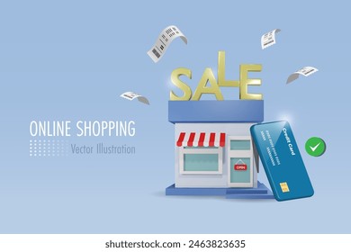 Sale on shopping store with secure credit card payment. Online shopping and retail marketing, discount store, e commerce. 3D vector.