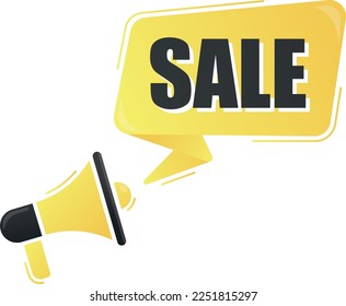 Sale on yellow background. Promo banner. Web design. Megaphone with speech bubble.