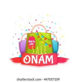 Sale Onam banner with packet and ribbon. Vector illustration.