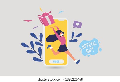 Sale online promotion with happy girl and gift on mobile phone design for banner sale with lovely women running go to shopping in abstract background.and colorful shirt. Vector illustration.