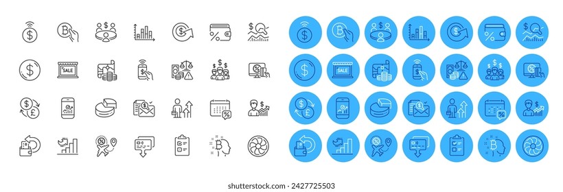 Sale, Online shopping and Card line icons pack. Meeting, Phone payment, Flight sale web icon. Business results, Checklist, Fan engine pictogram. Salary employees, Calendar tax, Cash back. Vector