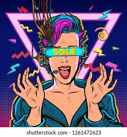 sale. online shopping. joyful woman in virtual reality. Pop art retro vector illustration vintage kitsch