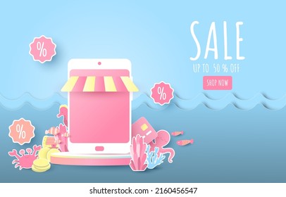 sale online shopping Podium and the sea ​​creatures. blue background. shop now, credit card, money, smartphone, fish, coral, discount. paper cut and craft style. vector art and illustration.