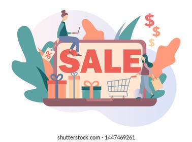 Sale. Online shopping set. Flat cartoon style. Vector illustration