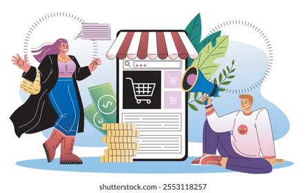 Sale in online store. Man and woman with loudspeaker near golden coins. Shopping on internet, electronic commerce. Discounts and promotions, advertising and marketing. Flat vector illustration