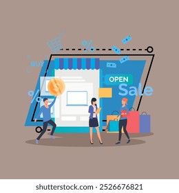 Sale in online store vector illustration. People doing shopping during sale period, holding shopping bags and coin. Commerce, shopping, sale, special offer concept can be used for banner design