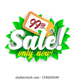 Sale Only Now Label Price 99.99 3D Green Digits Banner, Template. Leaves, Summer, Spring, Season Sale, Discount. Grayscale, Numbers. Illustration Isolated On White Background.