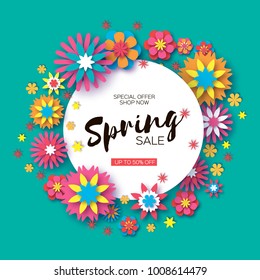 Sale. Origami Spring Colorful Flowers Banner. Paper cut Floral Greetings card. Spring blossom. Circle frame. Happy Women s Day. 8 March. Text. Seasonal holiday on blue. Trendy decor.