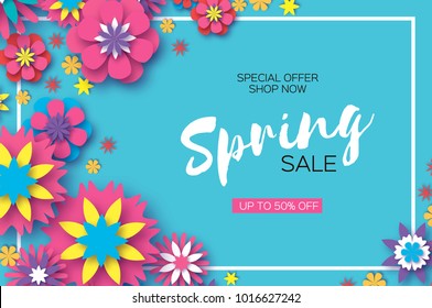 Sale. Origami Spring Colorful Flowers Banner. Paper cut Floral Greetings card. Spring blossom. Rectangle frame. Happy Women s Day. 8 March. Text. Seasonal holiday on blue. Trendy decor. Vector