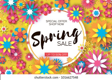 Sale. Origami Spring Colorful Flowers Banner. Paper cut Floral Greetings card. Spring blossom. Circle frame. Happy Women s Day. 8 March. Text. Seasonal holiday on yellow. Trendy decor.