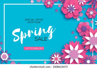 Sale. Origami Spring Pink Flowers Banner. Paper cut Floral Greetings card. Spring blossom. Rectangle frame. Happy Women s Day. 8 March. Text. Seasonal holiday on blue. Trendy decor.