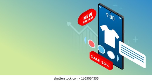 Sale page on smartphone isometric illustration with copy space digital marketing online shopping concept