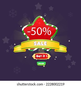 Sale Page UI Badge Pop Up Icon Reward Prize Premium Stars Christmas Star Yellow Ribbon Magic Shine Buttons Cartoon Cute Vector Design