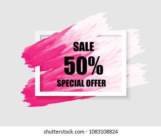 Sale. paint acrylic brush strokes in white square frame of poster on white background. for special price promotion . vector