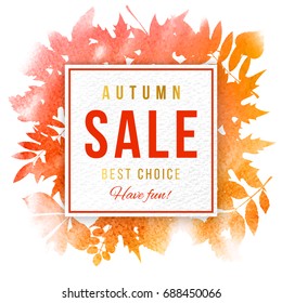 Sale paper emblem over background with watercolor autumn leaves. Vector illustration