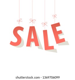 SALE paper letters Coral color hanging on threads on a white background