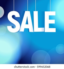 Sale paper poster with blue background and bokeh