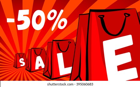 Sale paper shopping bags. Red rays background and advertising perspective view. Vector illustration. Retro discount banner concept. 
