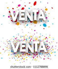 Sale paper white banners with color drops, Spanish. Vector illustration.