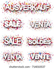 Sale paper white banners with confetti, Spanish, French, German. Vector illustration.