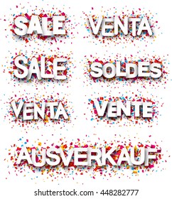 Sale paper white banners, Spanish, French, German. Vector illustration.