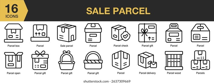 Sale Parcel icon set. Includes sale, parcel, store, delivery, box, shop, order, and More. Outline icons vector collection.