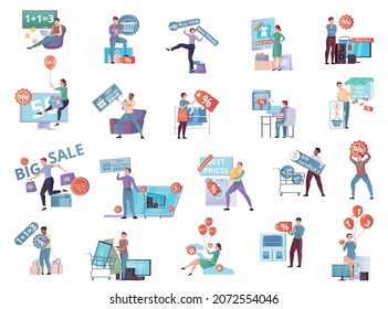 Sale people coupon set of flat isolated icons and human characters of shopping persons buying goods vector illustration Sale people coupon set of flat isolated icons and human characters of shopping persons buying goods vector illustration