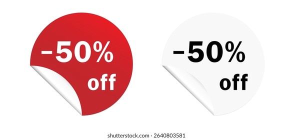 Sale percent 50 off. Discount stickers displaying fifty percent off promotions in red and white colors for retail sales. Vector illustration	