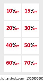 Sale Percent Set. Simple Discount Vector Banners. Sale Vector Illustration. Black and Red Letters on White Background. Promo Stickers with Different Percet Amount. From 10% off to 70% off Discount.