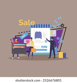 Sale period in online store vector illustration. People doing shopping in internet, holding shopping bags, paying by card. Commerce, shopping, sale, special offer concept can be used for banner design