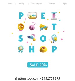 Sale at a pet store. 3D vector image of toys, accessories and food products with discounts. Ideal for online store promotional materials, landing page design.