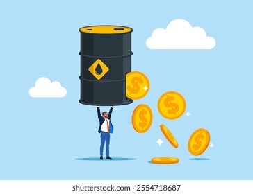 Sale of petroleum products and fuels. Businessman holding oil barrel with leaking  dollar coins. Lose money from fuel costs. Modern flat vector illustration.