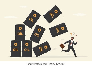 Sale of petroleum products and fuels. Businessman run away from falling oil barrels. Customer lose money from fuel costs. Trader with money losses. Commodities market. poor risk management. vector