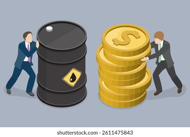 Sale of petroleum products and fuels concept. Businessman buys сrude oil. Partner holding oil barrel. Petroleum in barrel. 3d flat isometric vector illustration eps 10.