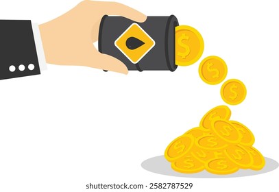 Sale of petroleum products and fuels. Hand holding oil barrel with leaking dollar coins. Lose money from fuel costs. Modern flat vector illustration.

