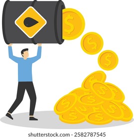 Sale of petroleum products and fuels. Hand holding oil barrel with leaking dollar coins. Lose money from fuel costs. Modern flat vector illustration.

