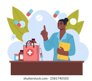 Sale in pharmacy. Woman in medical uniform with bag of pharmaceutical products, pills and drugs. Pharmacist selling pills. Retail occupation. Healthcare and medicine. Flat vector illustration