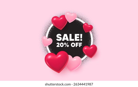 Sale picture frame banner. Circle photo frame. Sale 20 percent off discount. Promotion price offer sign. Retail badge symbol. 3d hearts balloons. Grain dots pattern. Vector