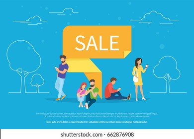 Sale pin symbol concept vector illustration of people using mobile gadgets such as digital tablet and smartphone for online ordering and purchasing goods. Flat guys and women near yellow origami pin