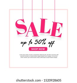 sale pink banner template designs with a hanging rope.  for promo business, flyer, web, social media, fashion.  white and pink background. Vector illustration.