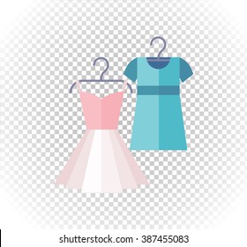 Sale of pinup cute woman dresses . Sale badge label logo. Lady dress in flat style. Clothes, fashion, dress isolated, woman dress, fashion dress, skirt