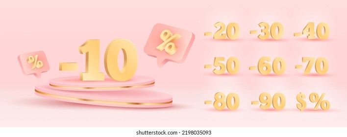 Sale podium. 3D Gold Discount numbers on podium. Price off tag design collection. 10, 20, 30, 40, 50, 60,70,80,90. Percent and dollar illustration.