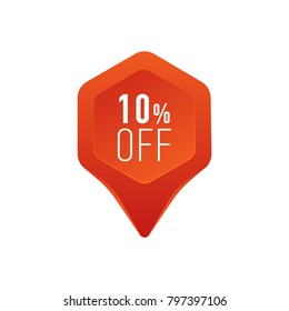 Sale pointer symbol. Red marker icon with 10 percent sale sign. Modern shopping logo or badge design flat vector illustration