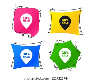 Sale pointer tag icons. Discount special offer symbols. 10%, 20%, 30% and 40% percent sale signs. Geometric colorful tags. Banners with flat icons. Trendy design. Vector
