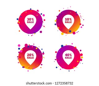 Sale pointer tag icons. Discount special offer symbols. 10%, 20%, 30% and 40% percent sale signs. Gradient circle buttons with icons. Random dots design. Vector