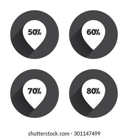 Sale pointer tag icons. Discount special offer symbols. 50%, 60%, 70% and 80% percent discount signs. Circles buttons with long flat shadow. Vector