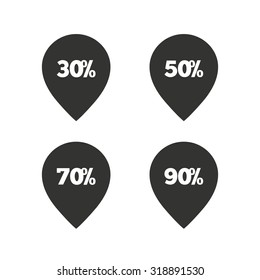 Sale pointer tag icons. Discount special offer symbols. 30%, 50%, 70% and 90% percent discount signs. Flat icons on white. Vector