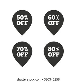 Sale pointer tag icons. Discount special offer symbols. 50%, 60%, 70% and 80% percent off signs. Flat icons on white. Vector