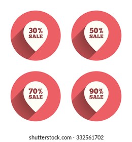 Sale pointer tag icons. Discount special offer symbols. 30%, 50%, 70% and 90% percent sale signs. Pink circles flat buttons with shadow. Vector