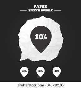 Sale pointer tag icons. Discount special offer symbols. 10%, 20%, 30% and 40% percent discount signs. Paper speech bubble with icon.